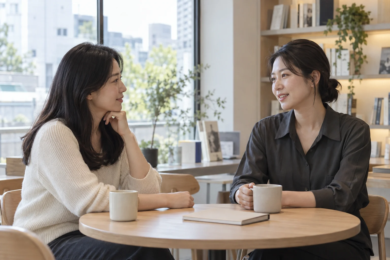 밝은 한국 북카페에서 서로의 경험을 나누는 두 여성