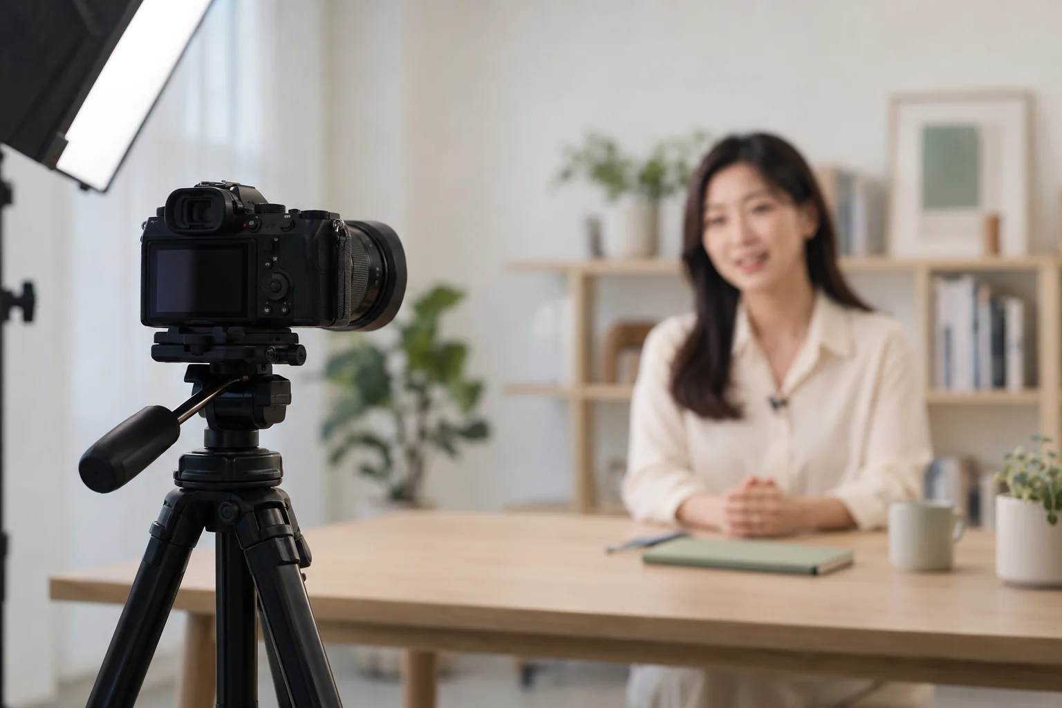 한국인 교육 콘텐츠 진행자를 촬영하는 카메라와 스튜디오